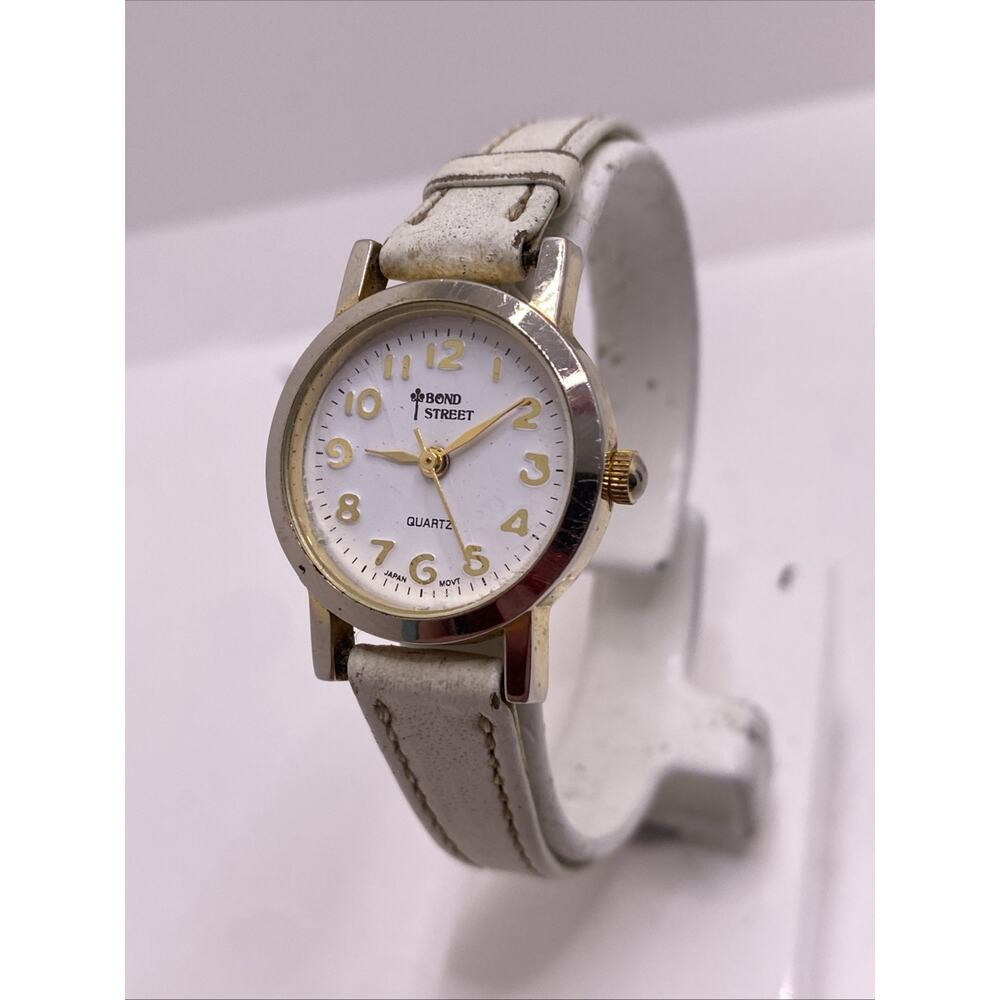 Bond Street Gold Tone White Leather Watch Works New Battery